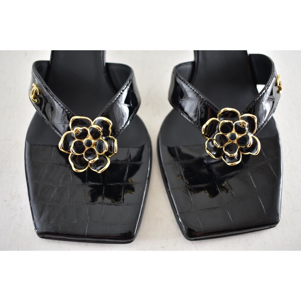Chanel 26A Black Crocodile Croc CC Flower Backless Mule Heel Thong Sandal 37 - Picture 15 of 16
